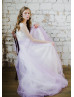 Cap Sleeve Ivory Lace Purple Tulle Wedding Dress